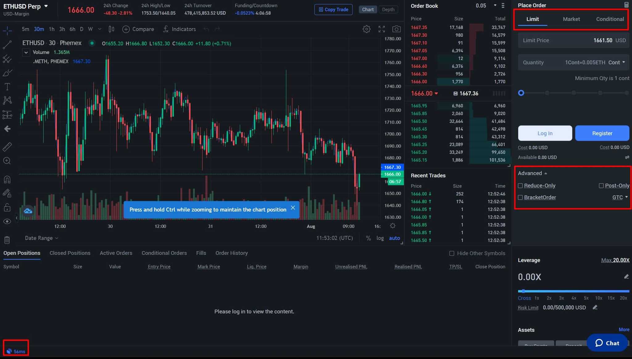 phemex trading featues