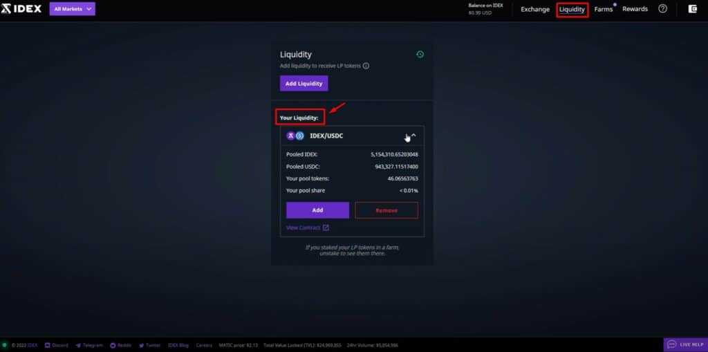 IDEX Liquidity tab